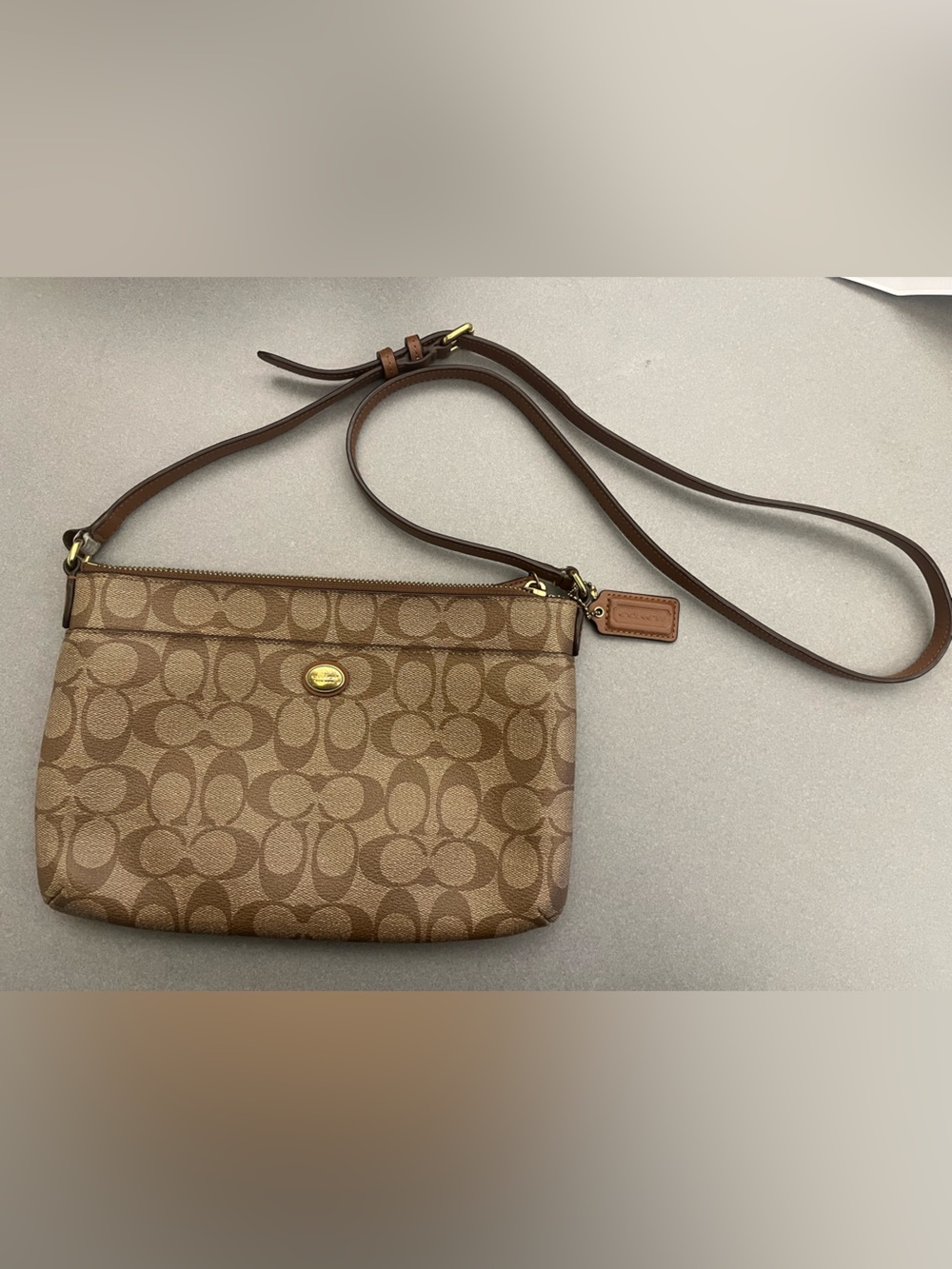 Coach Tan/Brown Signature Canvas Crossbody with Leather Trim